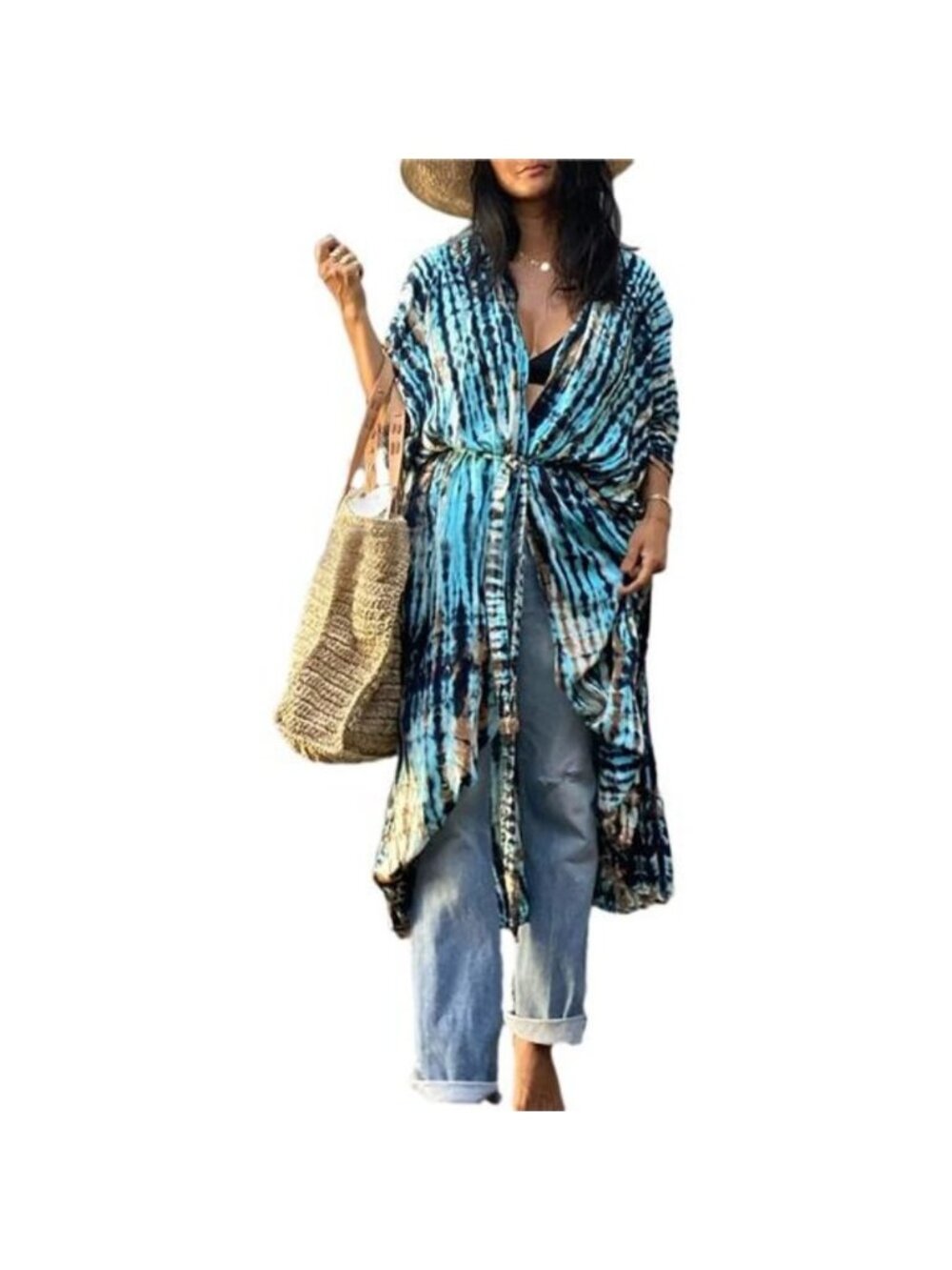 Women's Stylish Tie Dye Open Front Long Kimono Swimsuit Cover up